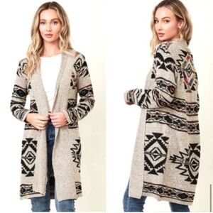 On Blue Aztec Print Cardigan Open Front Long women’s X1